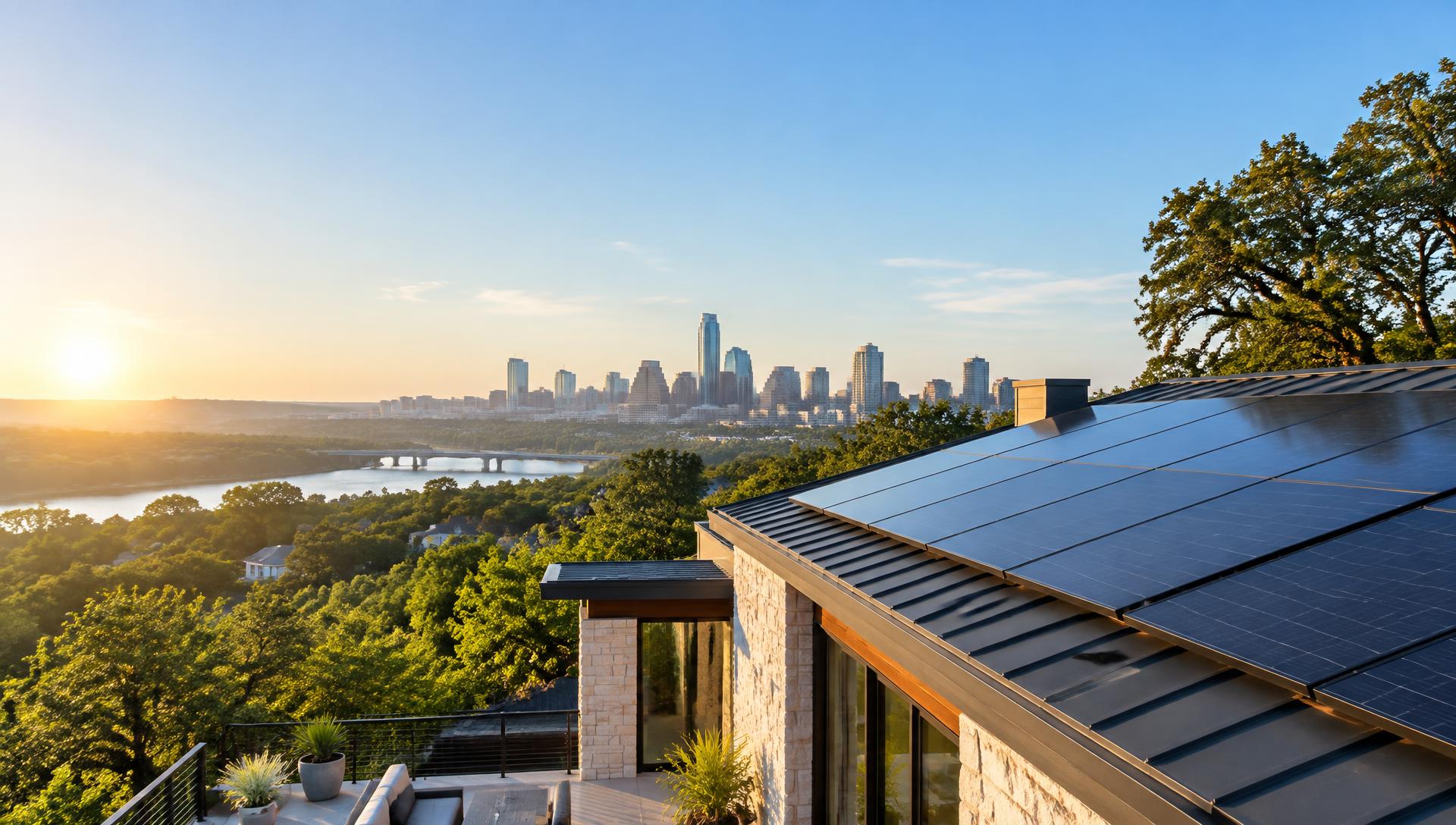 Solar panels on an Austin rooftop at sunrise